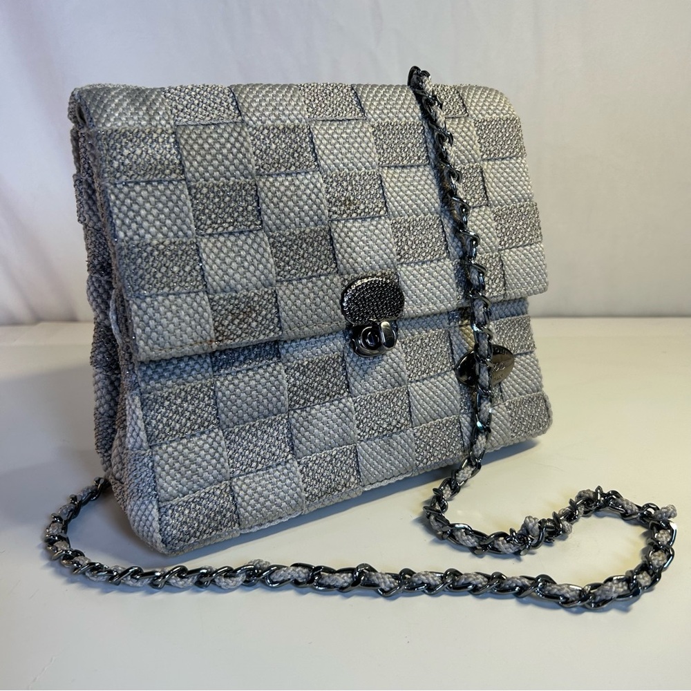 Vintage Creazioni Alma Woven Silver-Grey Checkered Bag. Made in Italy.